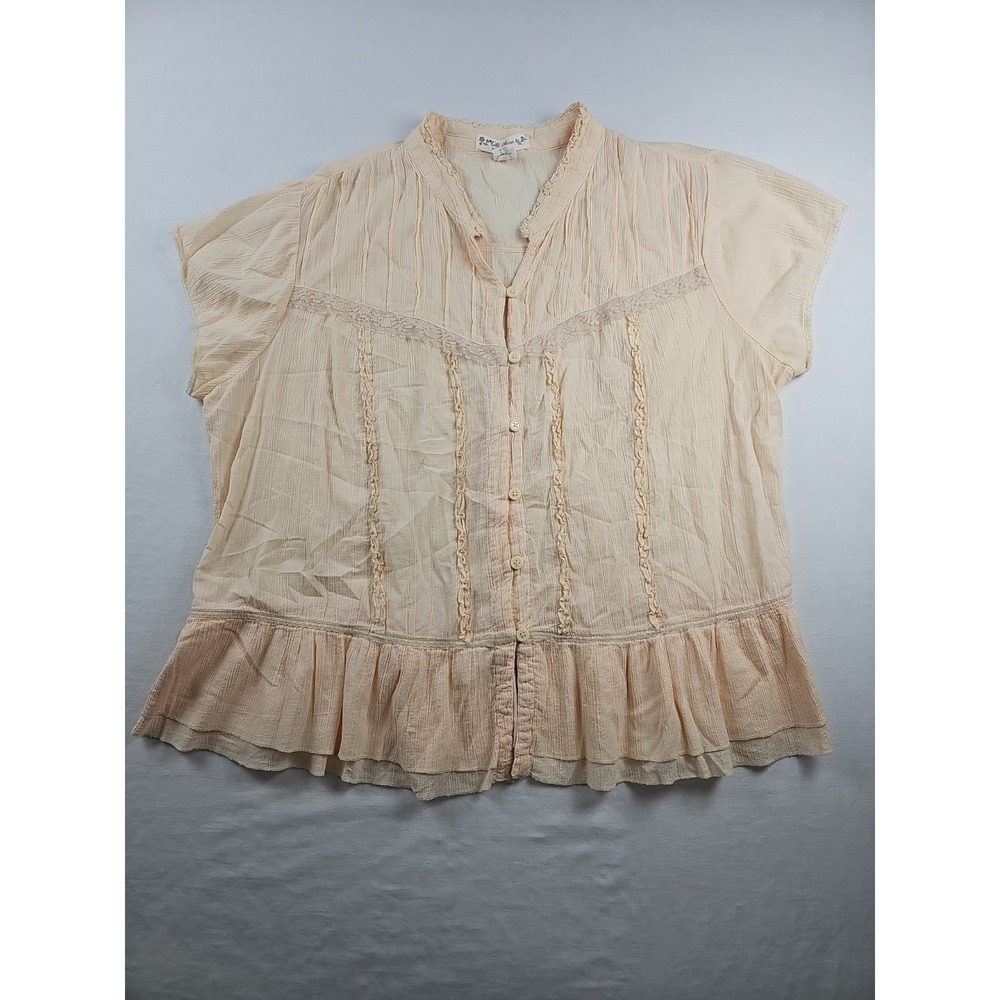 Vintage Old Navy Women's Sz 1X Light Peach 100% Cotton Ruffle Hem Button Front